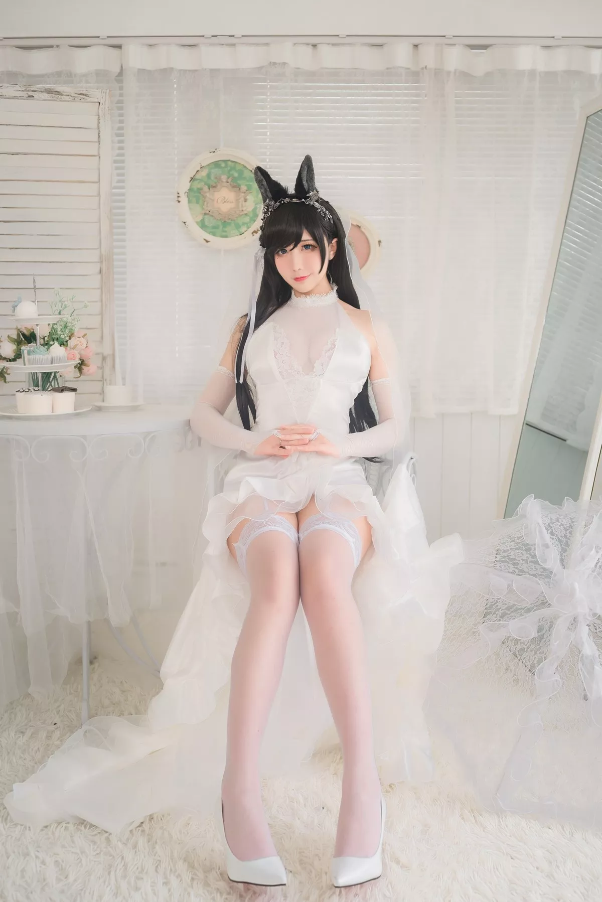 动漫博主九曲Jean爱宕婚纱主题性感白色薄透婚纱配白色蕾丝吊袜迷人诱惑写真41P