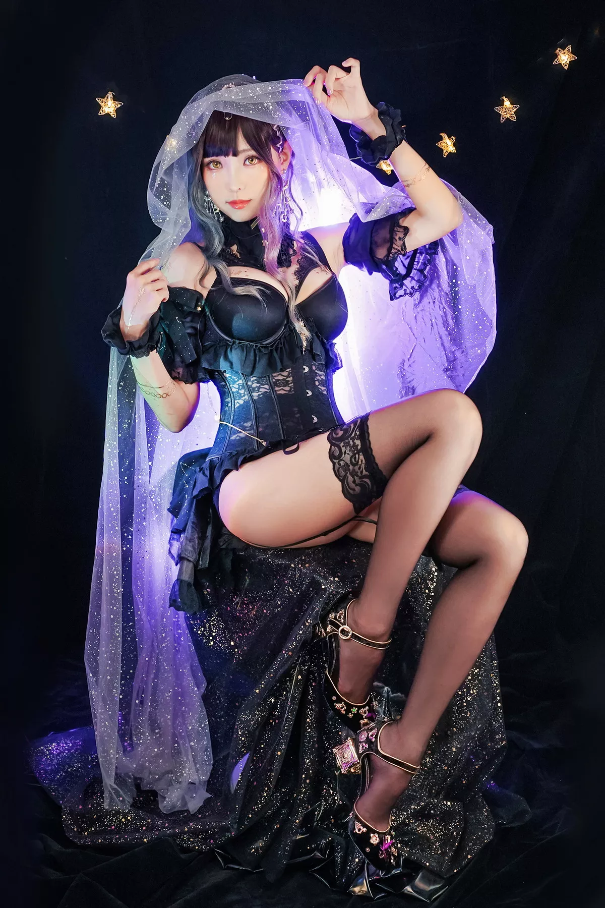 Coser妹子Ely_eee-Astrology Witch主题性感黑色塑身内衣配黑丝吊袜诱惑写真33P