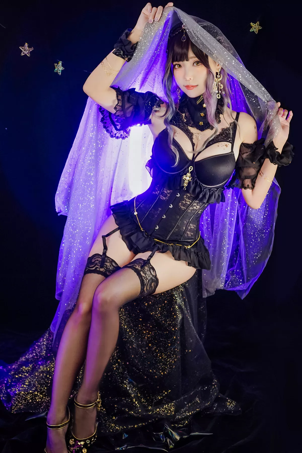 Coser妹子Ely_eee-Astrology Witch主题性感黑色塑身内衣配黑丝吊袜诱惑写真33P
