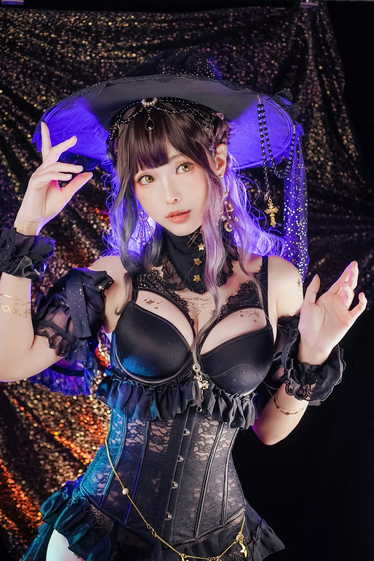 Coser妹子Ely_eee-Astrology Witch主题性感黑色塑身内衣配黑丝吊袜诱惑写真33P