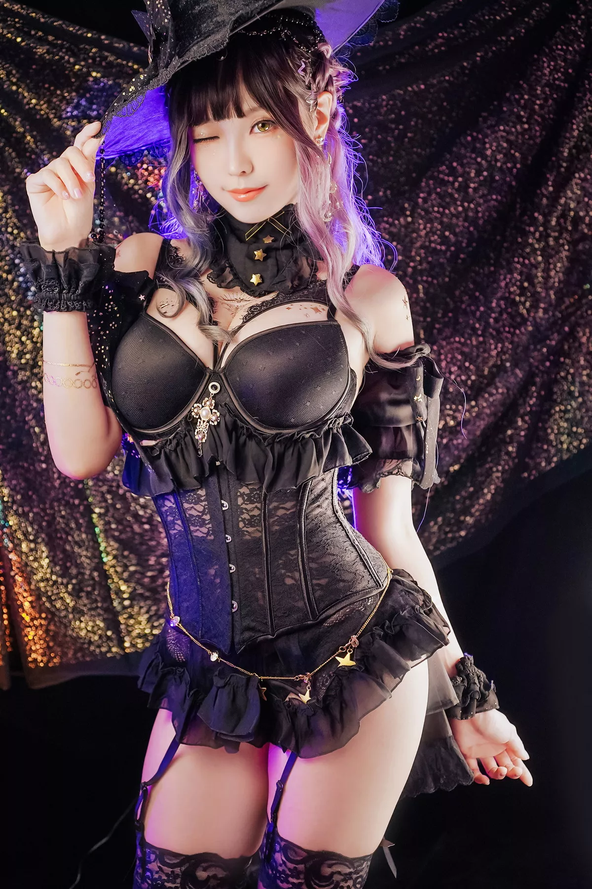 Coser妹子Ely_eee-Astrology Witch主题性感黑色塑身内衣配黑丝吊袜诱惑写真33P