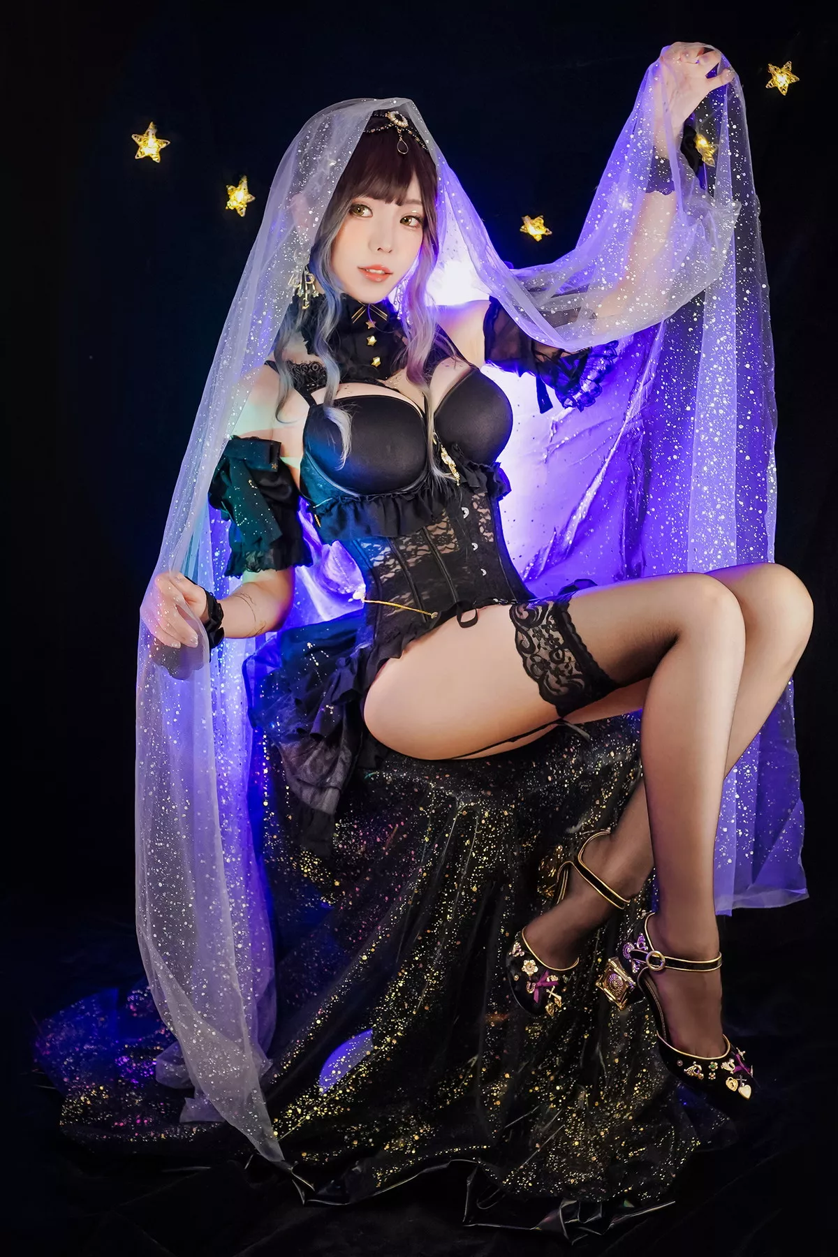 Coser妹子Ely_eee-Astrology Witch主题性感黑色塑身内衣配黑丝吊袜诱惑写真33P