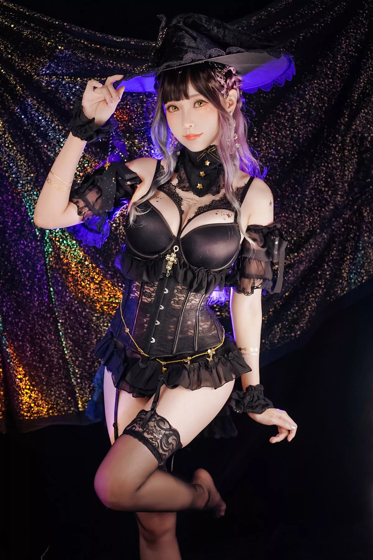 Coser妹子Ely_eee-Astrology Witch主题性感黑色塑身内衣配黑丝吊袜诱惑写真33P