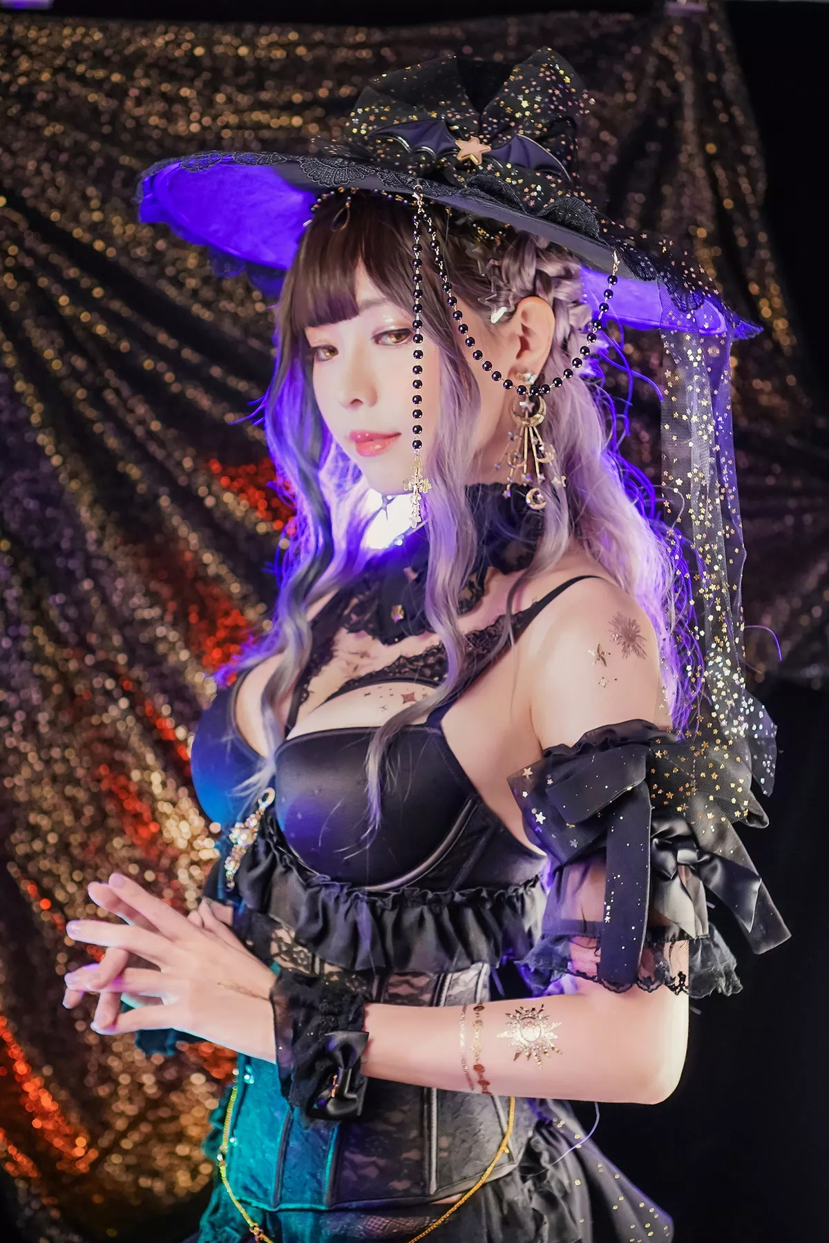 Coser妹子Ely_eee-Astrology Witch主题性感黑色塑身内衣配黑丝吊袜诱惑写真33P