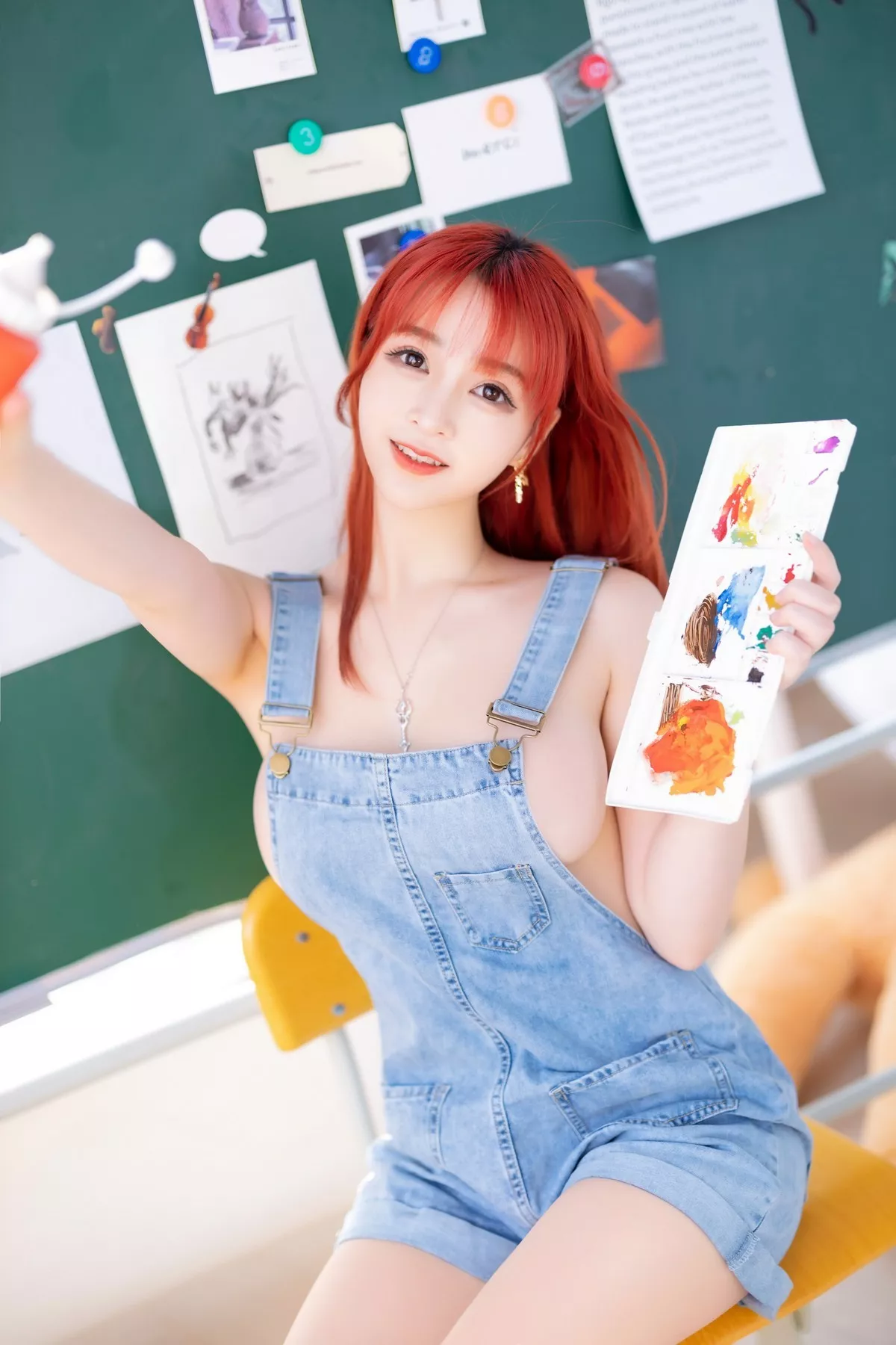 网络美女叉子宝宝背带裤主题私房性感真空牛仔背带裤侧露豪乳惹火诱惑写真36P