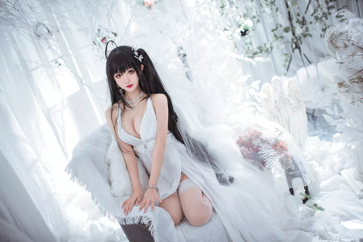 Coser美女仙女月大凤纯白婚纱主题性感白色薄纱配白色吊袜秀完美身材诱惑写真30P