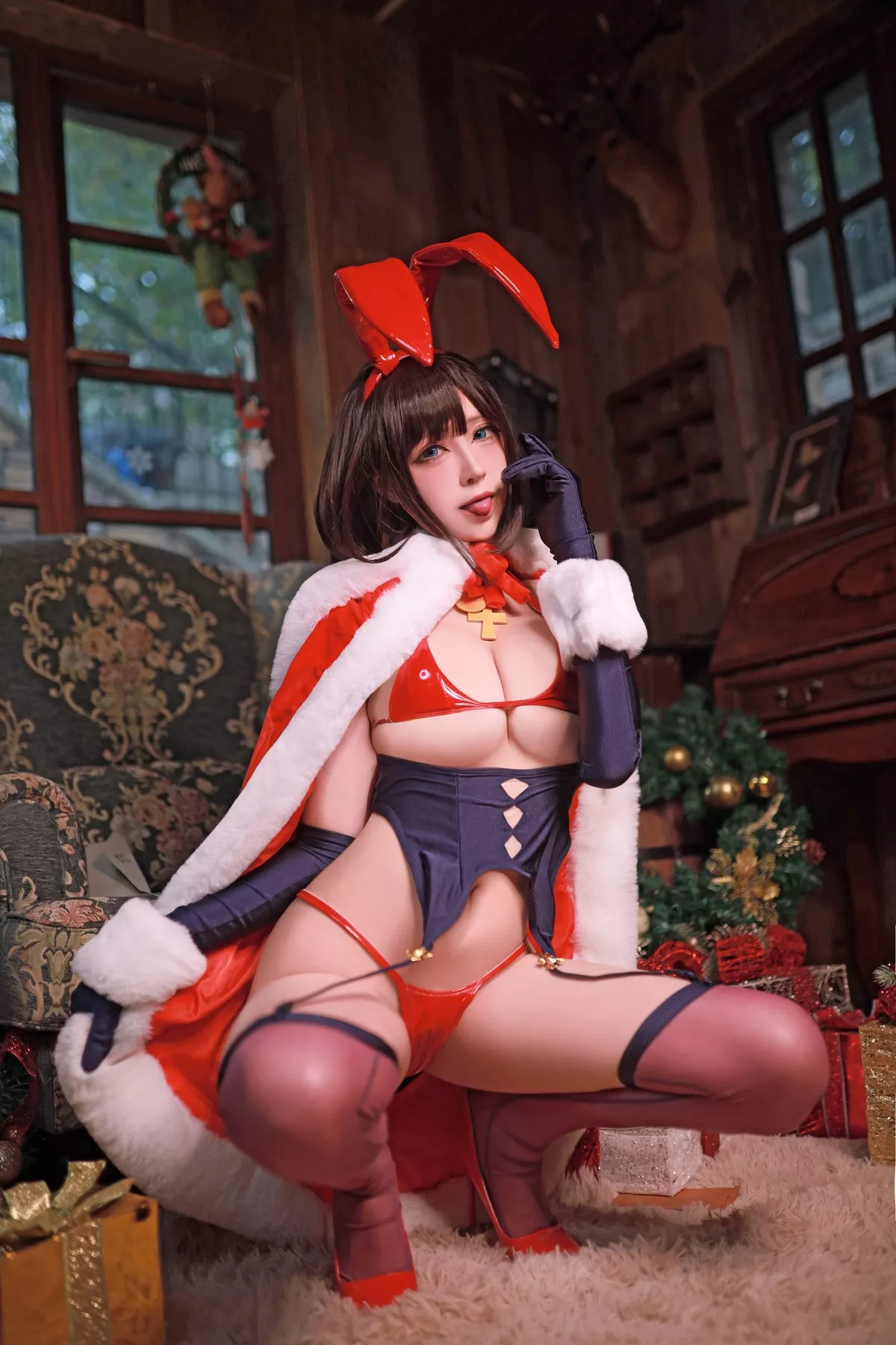 网络美女黑白御猫魔太郎圣诞兔子主题私房性感红色皮质内衣秀豪乳诱惑写真35P