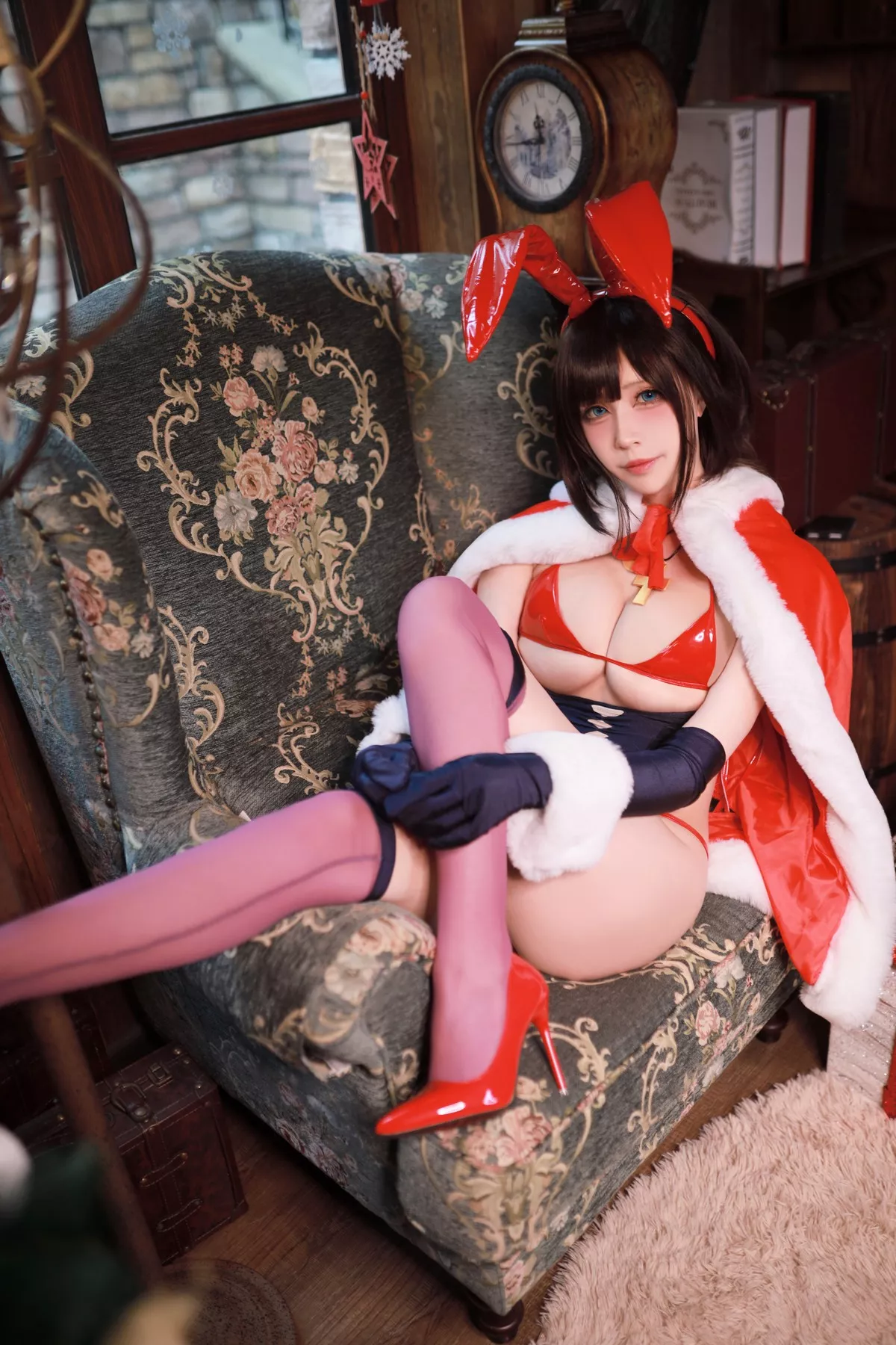 网络美女黑白御猫魔太郎圣诞兔子主题私房性感红色皮质内衣秀豪乳诱惑写真35P