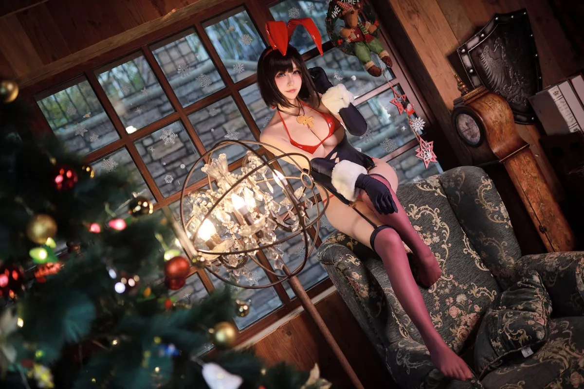 网络美女黑白御猫魔太郎圣诞兔子主题私房性感红色皮质内衣秀豪乳诱惑写真35P