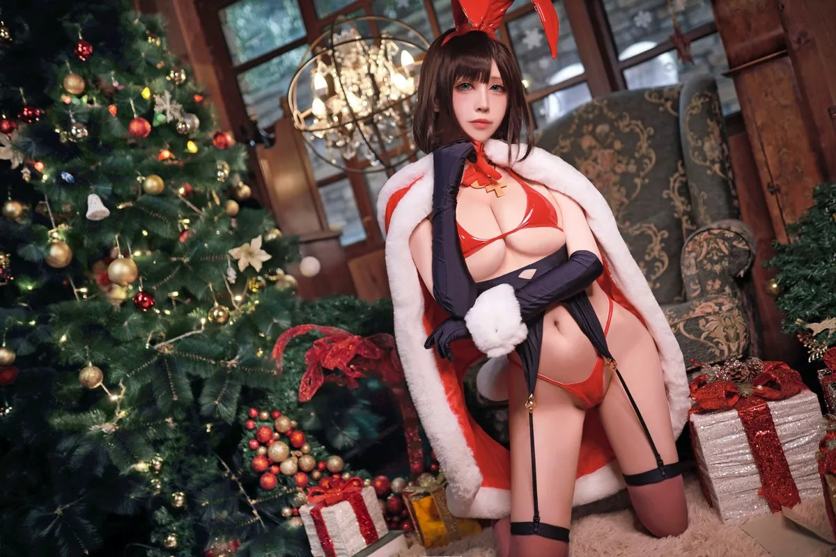 网络美女黑白御猫魔太郎圣诞兔子主题私房性感红色皮质内衣秀豪乳诱惑写真35P