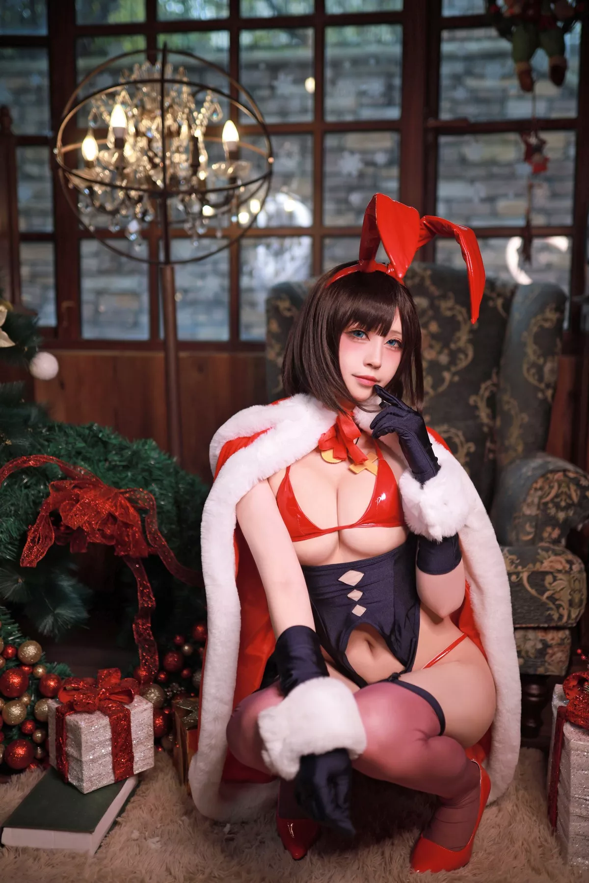 网络美女黑白御猫魔太郎圣诞兔子主题私房性感红色皮质内衣秀豪乳诱惑写真35P