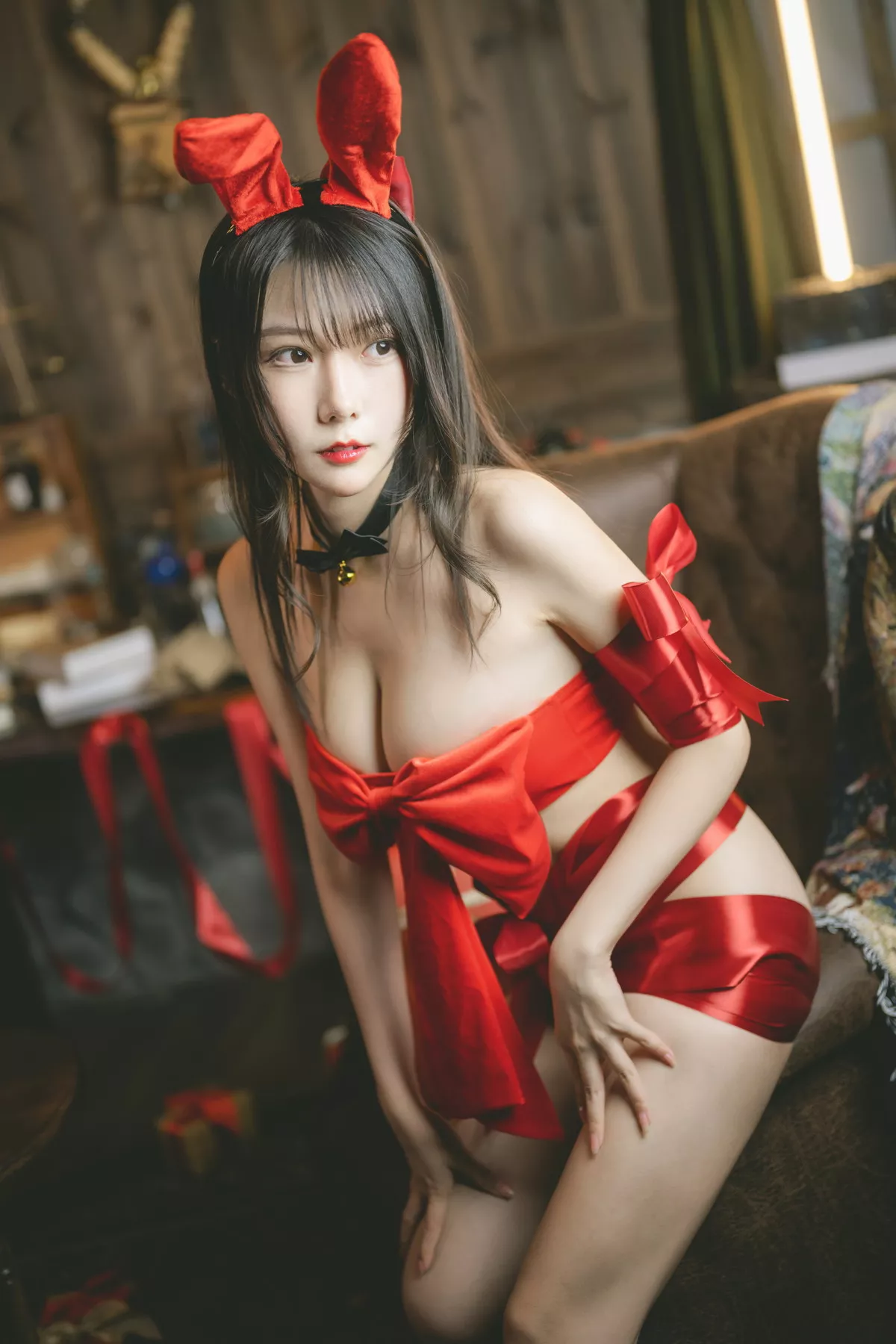 网络美女香草喵露露红色丝带礼物主题性感红色丝带裹身秀完美身材迷人诱惑写真54P