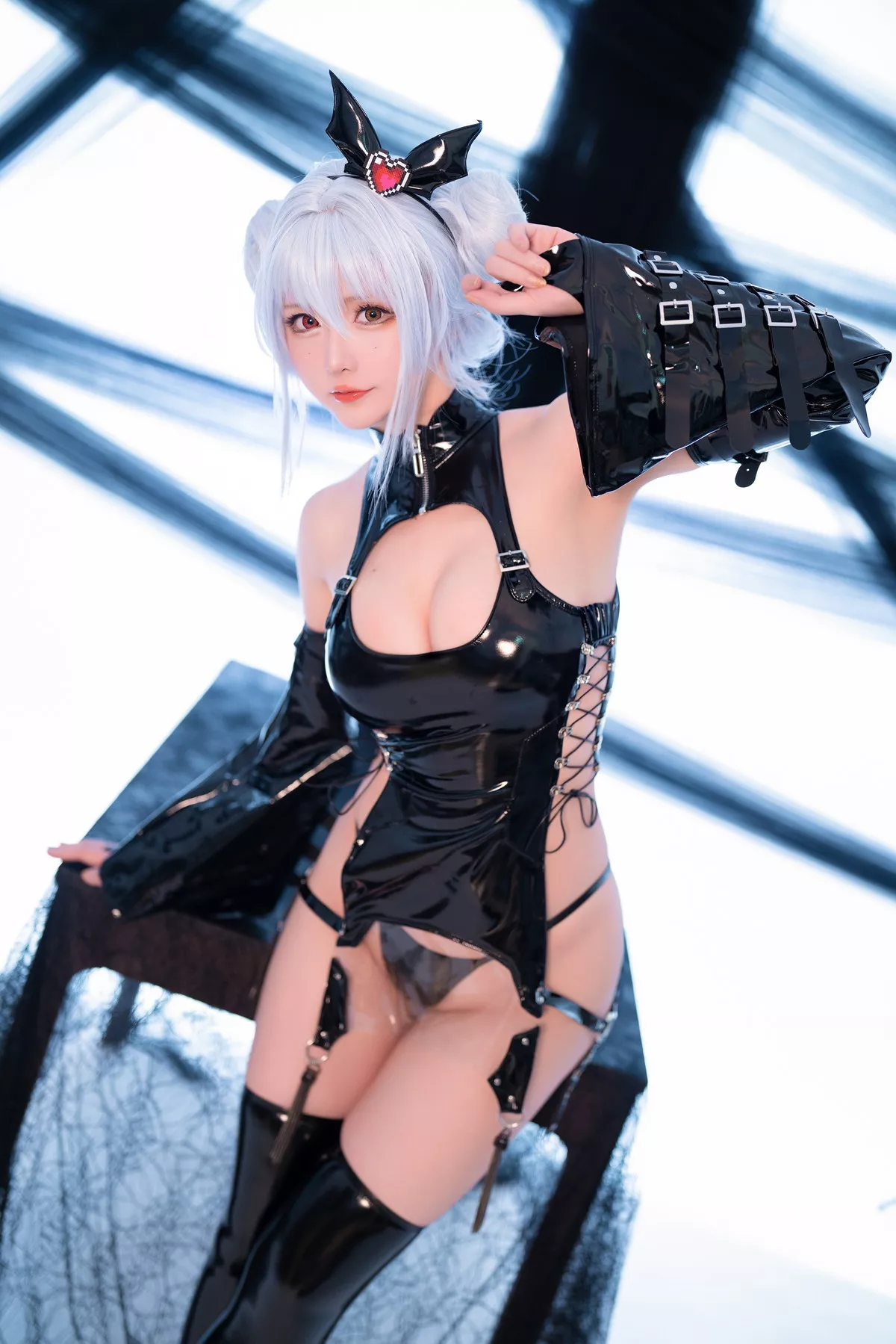Coser小姐姐星之迟迟水蓝小恶魔主题性感黑色皮质情趣服饰秀翘臀美腿诱惑写真59P