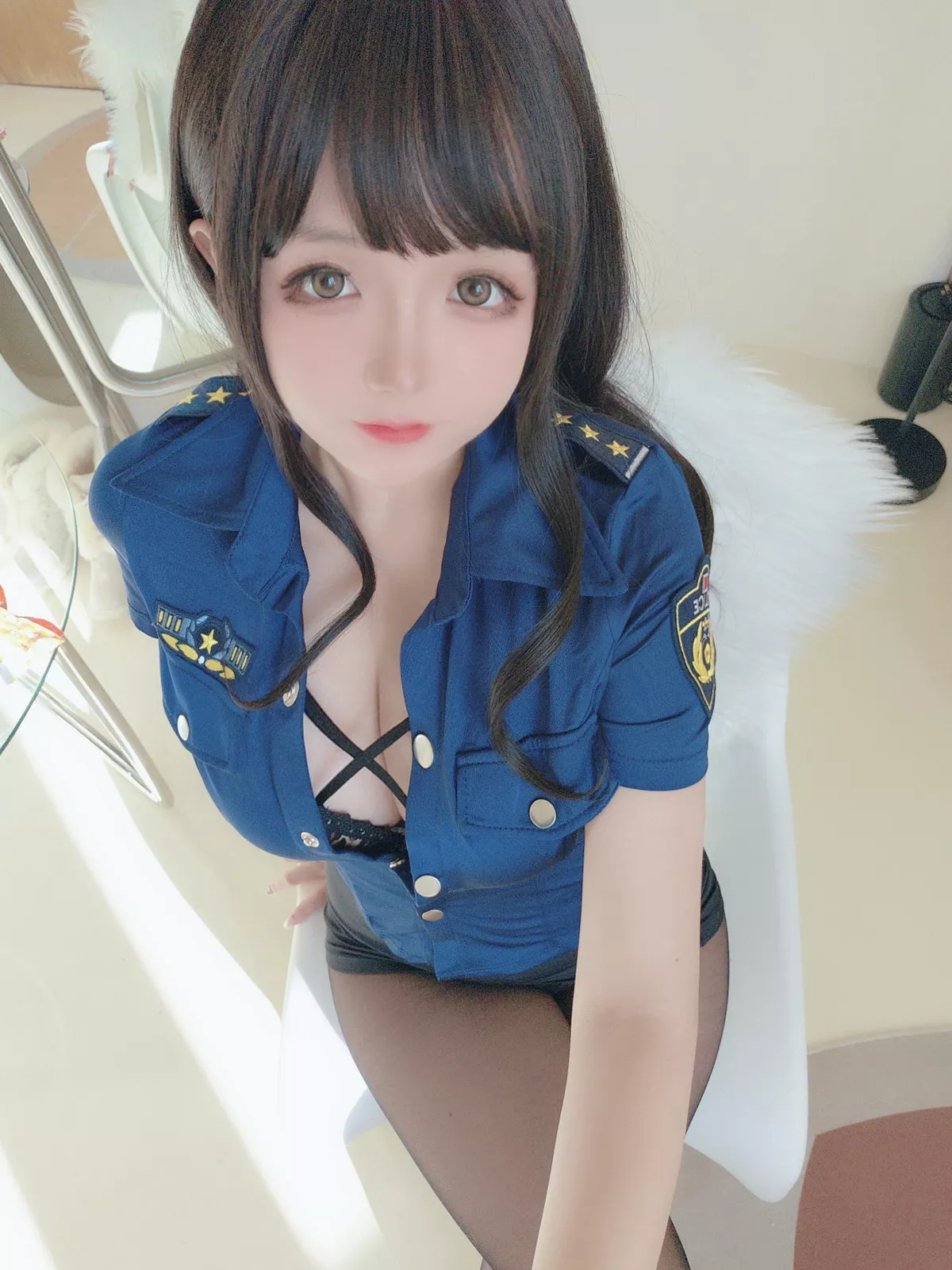 Cosplay美女日奈娇豹纹女警主题蓝上衣配黑短裙半脱露豹纹内衣丰满诱惑写真109P