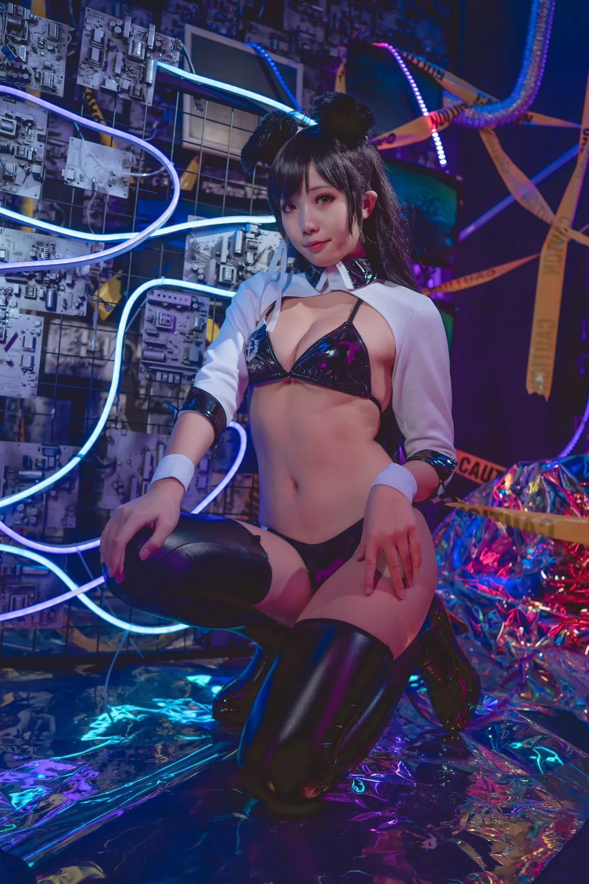 网络美女墨玉-M爱宕机车服主题性感服饰露黑色皮质内衣配皮腿袜撩人诱惑写真55P