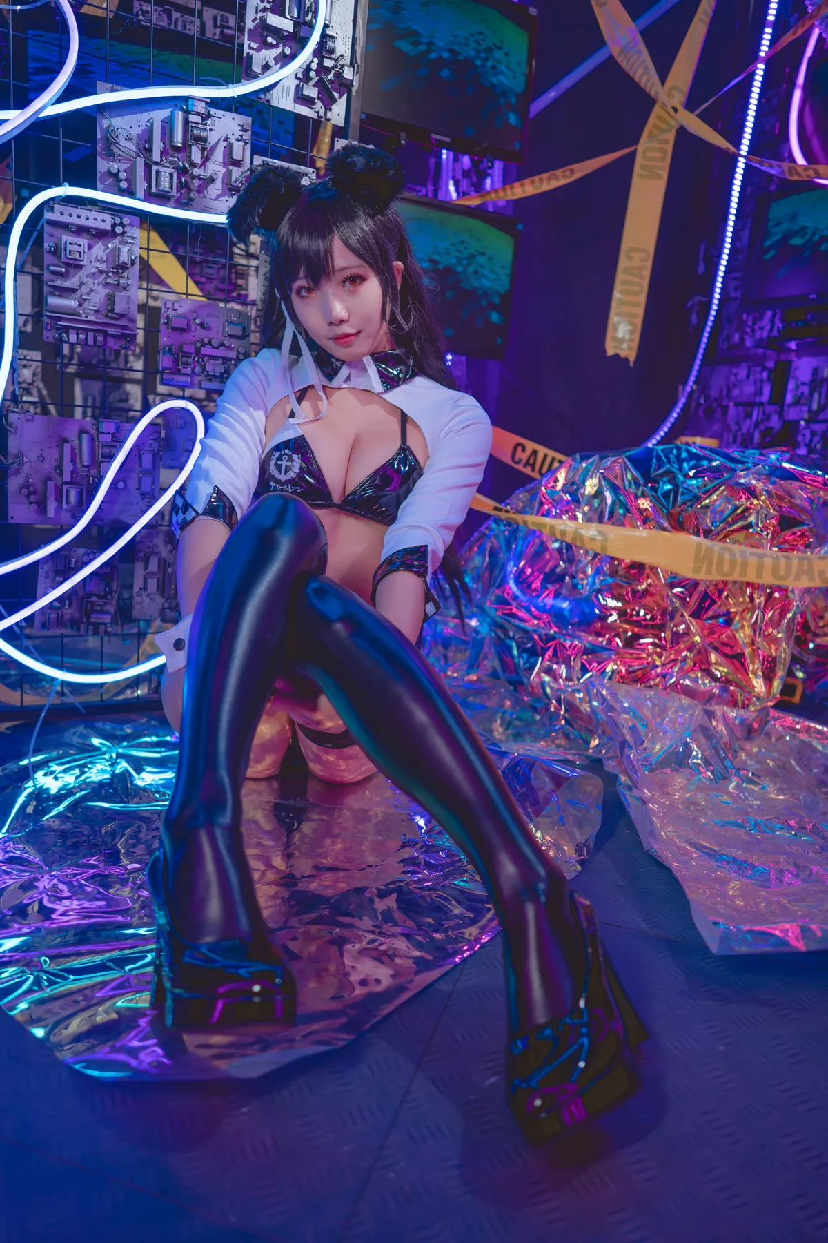 网络美女墨玉-M爱宕机车服主题性感服饰露黑色皮质内衣配皮腿袜撩人诱惑写真55P
