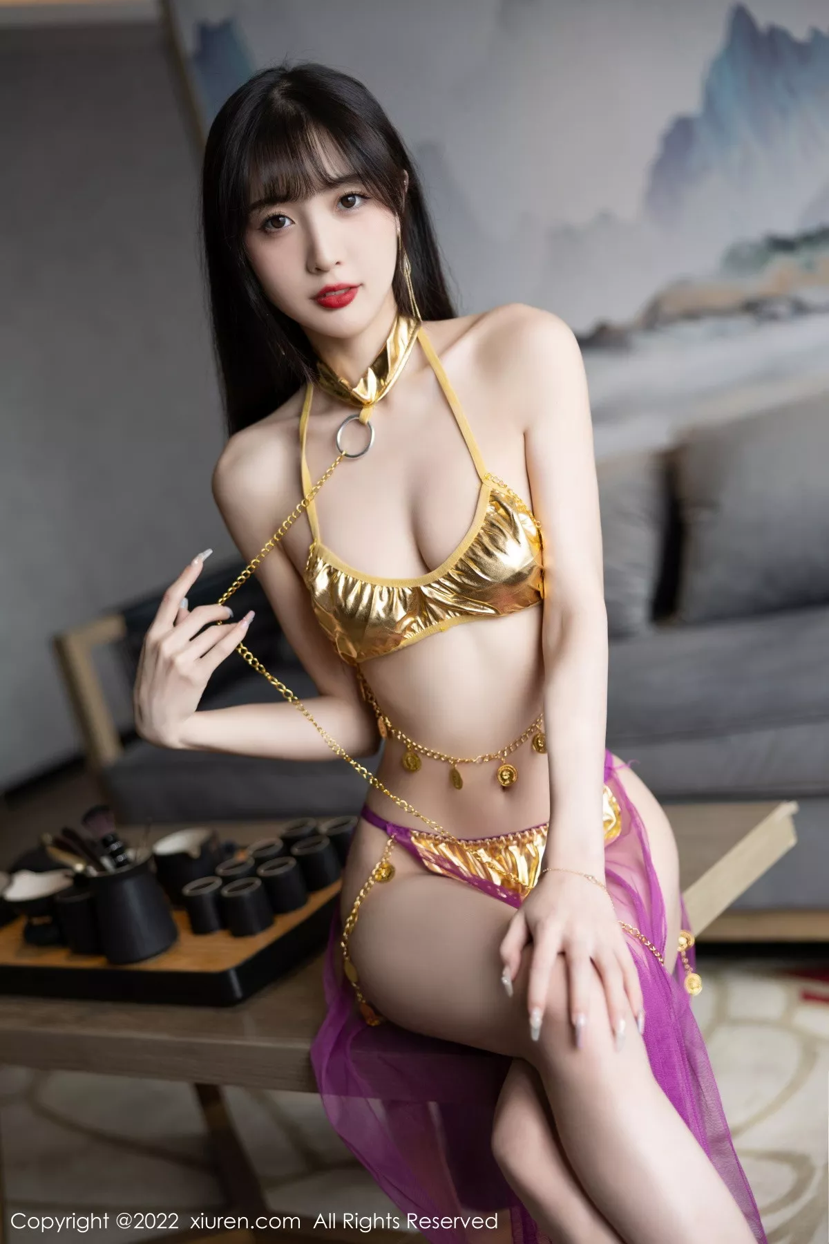 XiuRen第5901期_模特林星阑私房性感红色薄纱配金色比基尼秀曼妙身姿诱惑写真71P