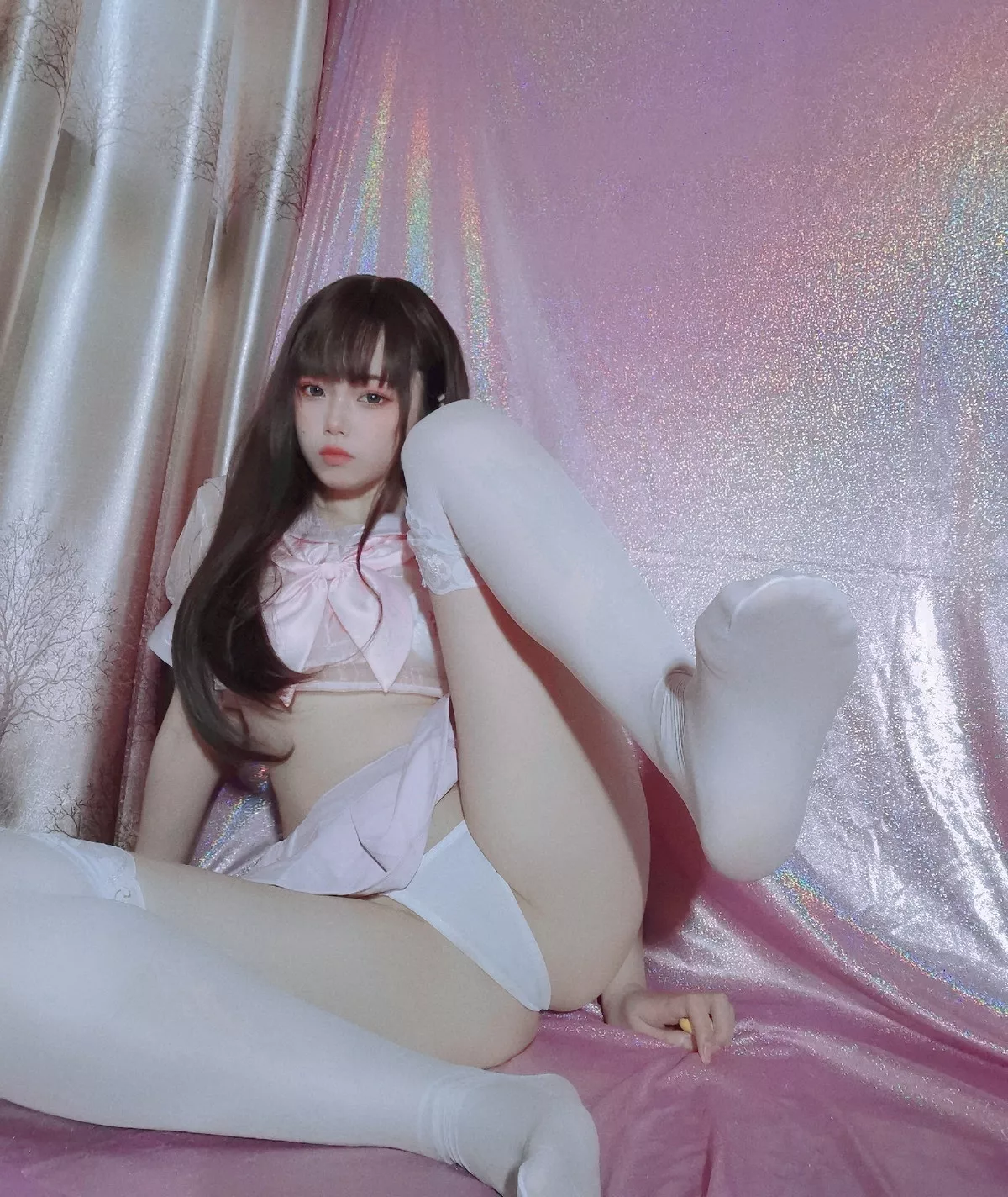 网络美女喵喵鱼粉嫩水手服主题私房脱粉色蝴蝶结露傲人豪乳遮点极致诱惑写真48P