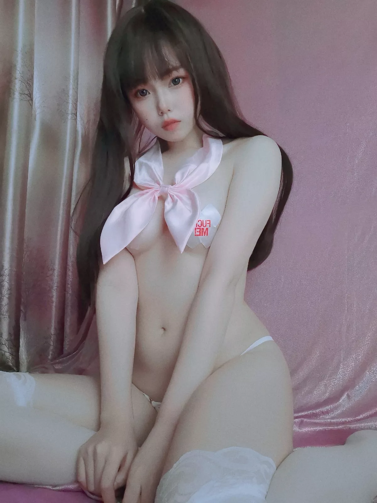 网络美女喵喵鱼粉嫩水手服主题私房脱粉色蝴蝶结露傲人豪乳遮点极致诱惑写真48P