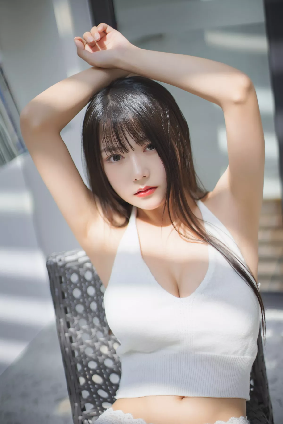 网络美女香草喵露露背心牛仔背带裤主题私房半脱露白色蕾丝内衣迷人诱惑写真55P