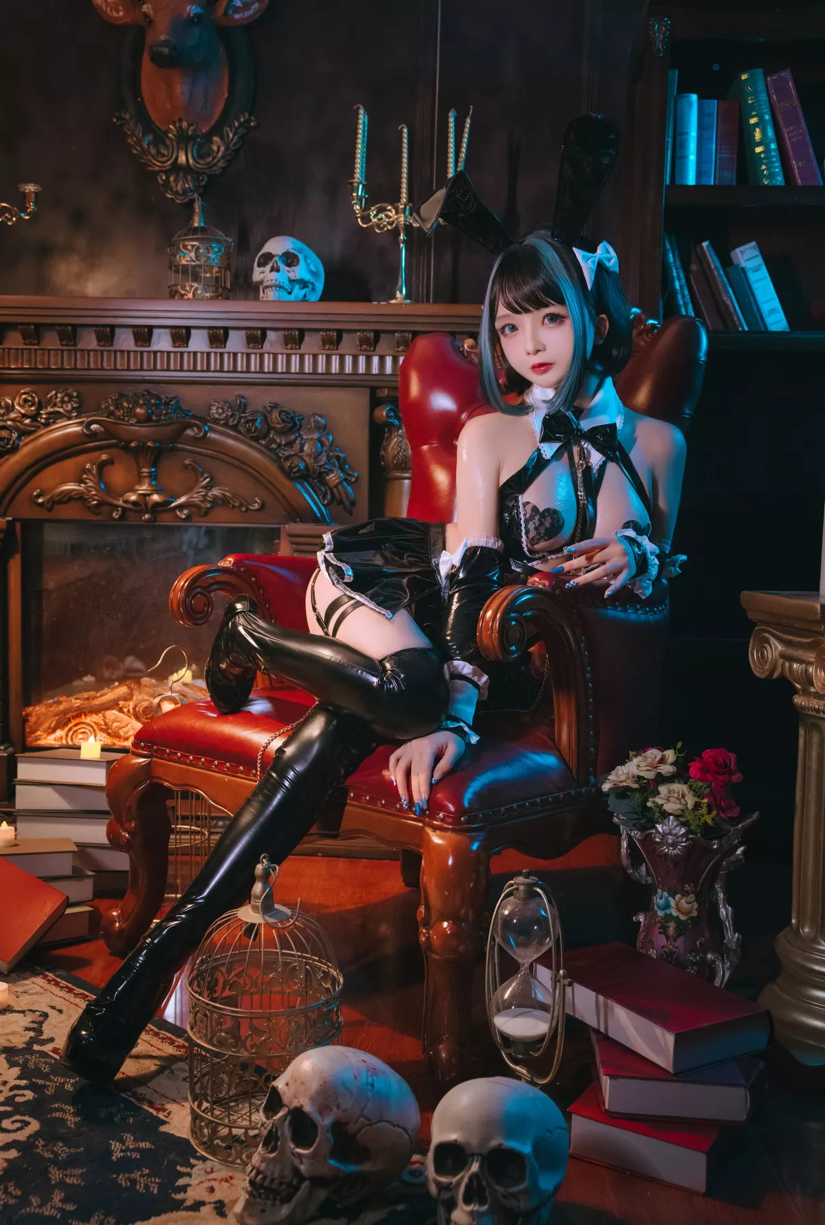 Cosplay美女日奈娇万圣恶魔皮衣主题性感黑色皮质连体内衣秀豪乳遮点诱惑写真66P
