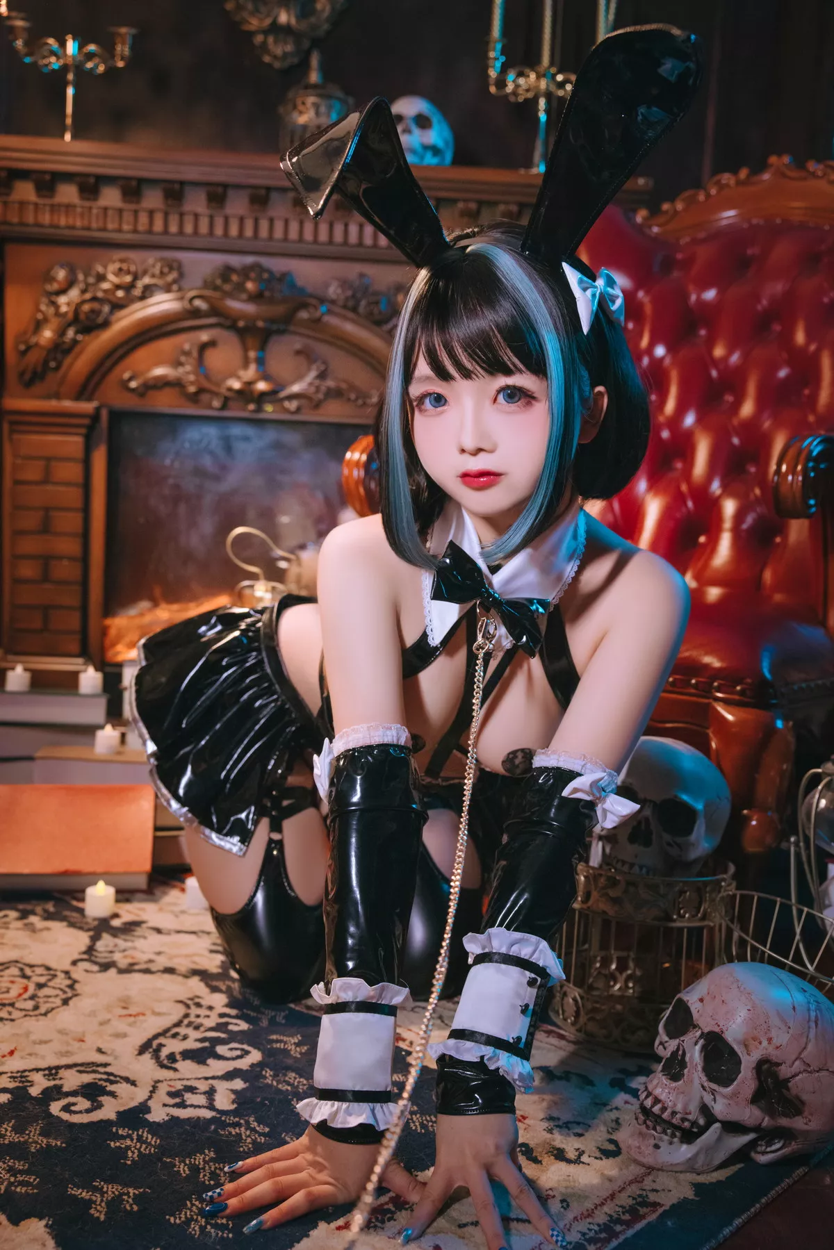Cosplay美女日奈娇万圣恶魔皮衣主题性感黑色皮质连体内衣秀豪乳遮点诱惑写真66P