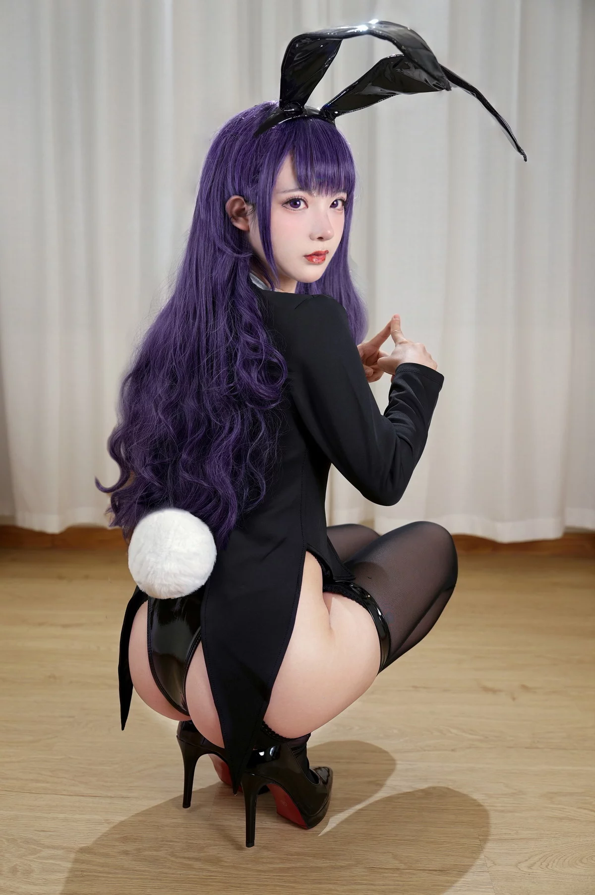 网络美女豪歌喜多川海梦兔女郎主题私房黑色皮质连体内衣配黑丝吊袜诱惑写真67P