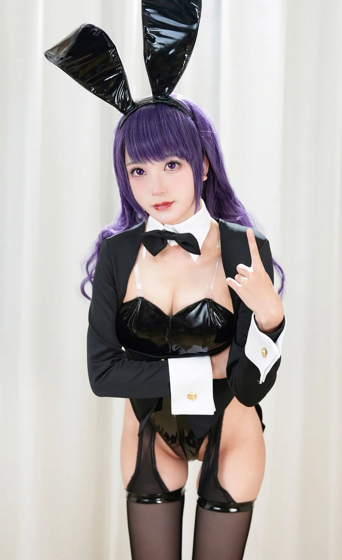 网络美女豪歌喜多川海梦兔女郎主题私房黑色皮质连体内衣配黑丝吊袜诱惑写真67P
