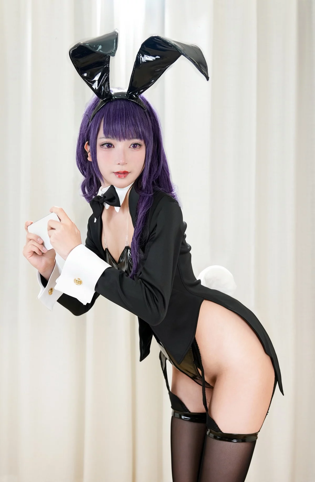 网络美女豪歌喜多川海梦兔女郎主题私房黑色皮质连体内衣配黑丝吊袜诱惑写真67P