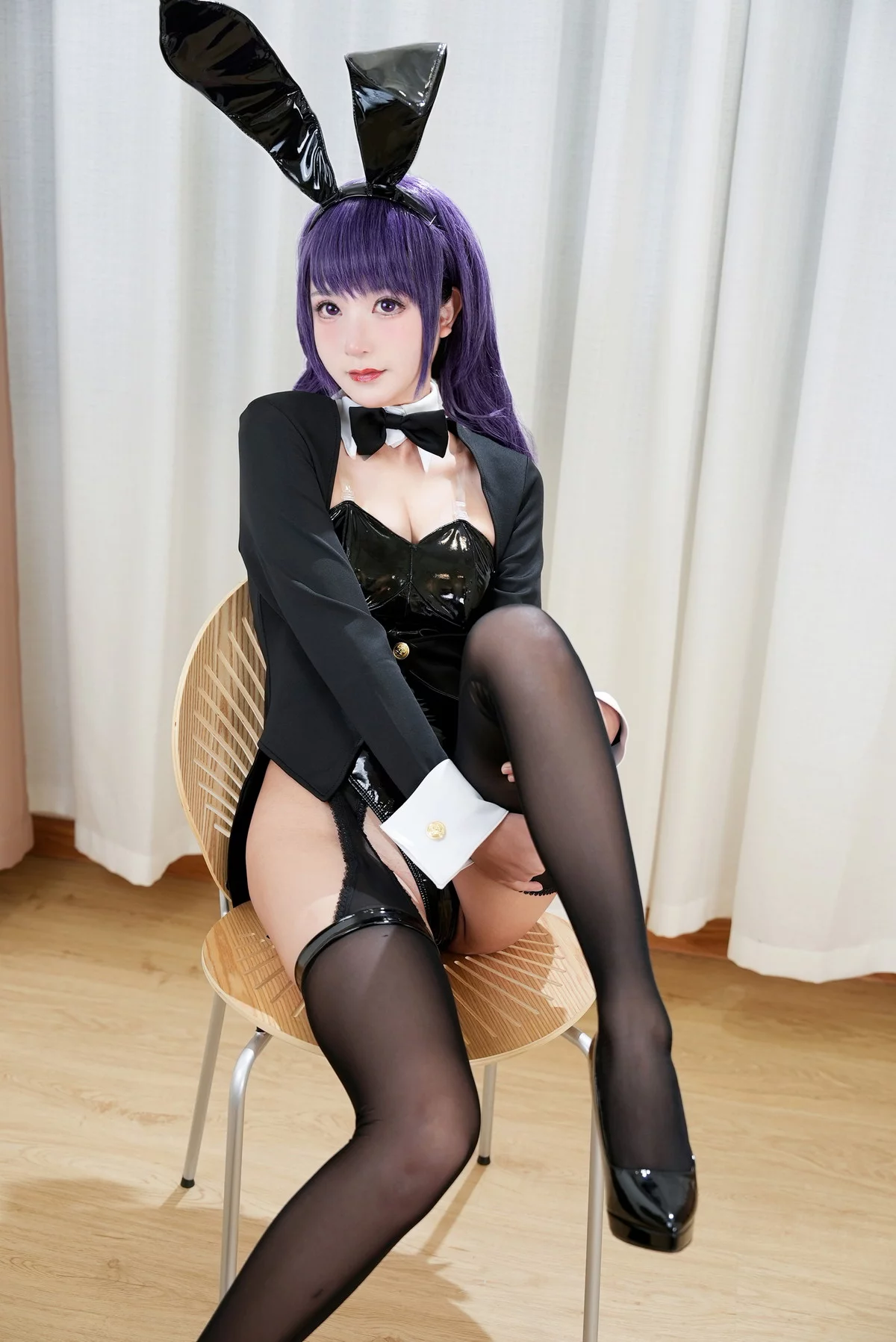 网络美女豪歌喜多川海梦兔女郎主题私房黑色皮质连体内衣配黑丝吊袜诱惑写真67P