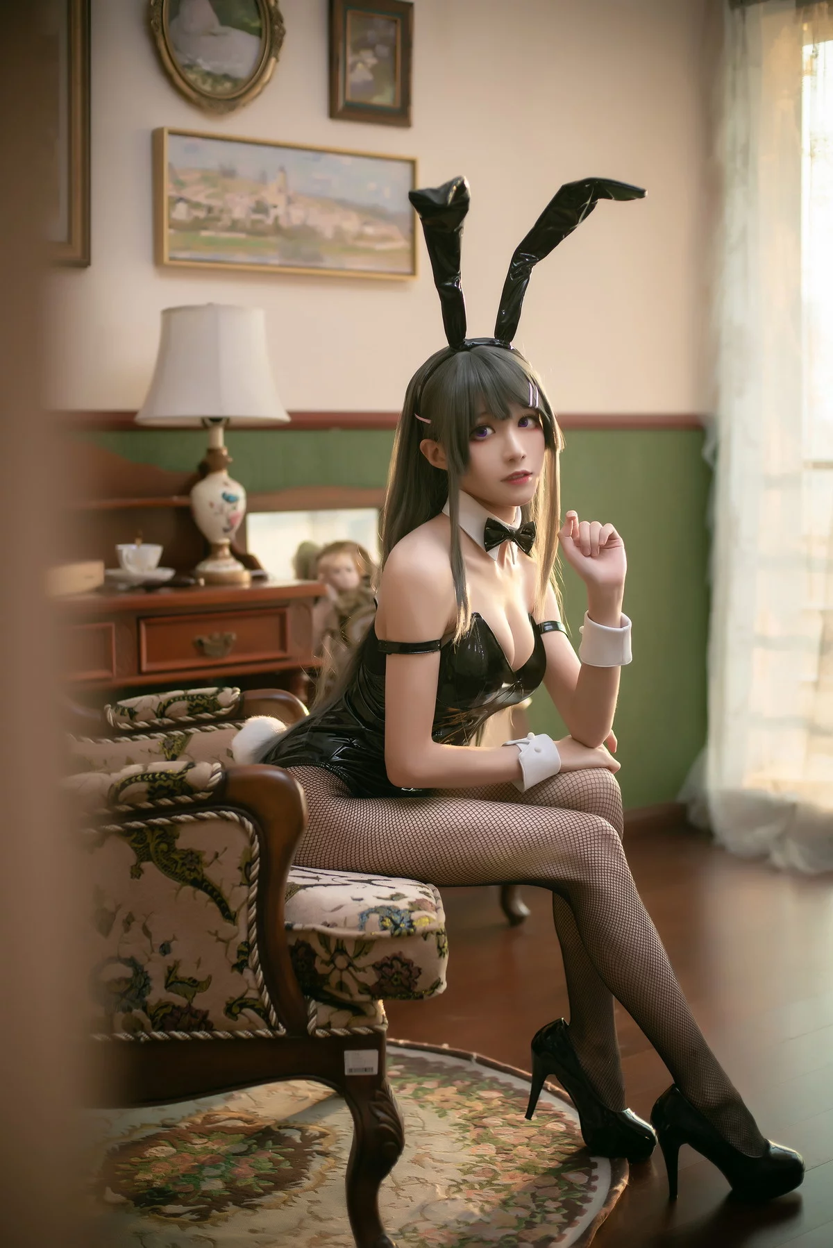 Coser美女Tomoyo酱麻衣兔女郎主题性感黑色皮质连体衣配黑丝网袜诱惑写真22P