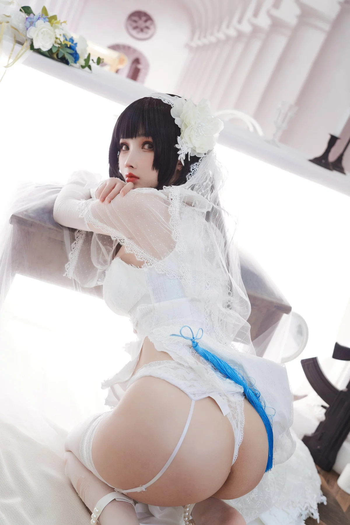 网络美女rioko凉凉子95式花嫁主题性感白色薄透婚纱配蕾丝吊袜迷人诱惑写真25P