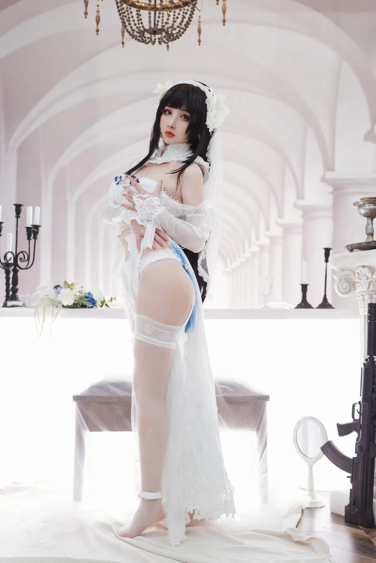 网络美女rioko凉凉子95式花嫁主题性感白色薄透婚纱配蕾丝吊袜迷人诱惑写真25P