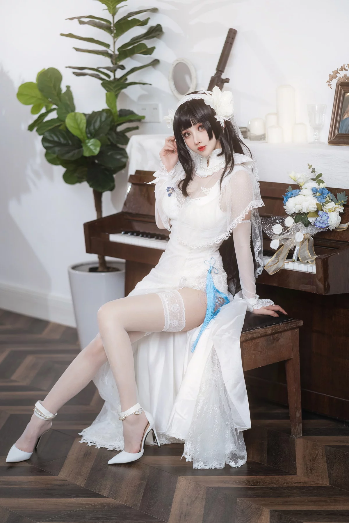 网络美女rioko凉凉子95式花嫁主题性感白色薄透婚纱配蕾丝吊袜迷人诱惑写真25P
