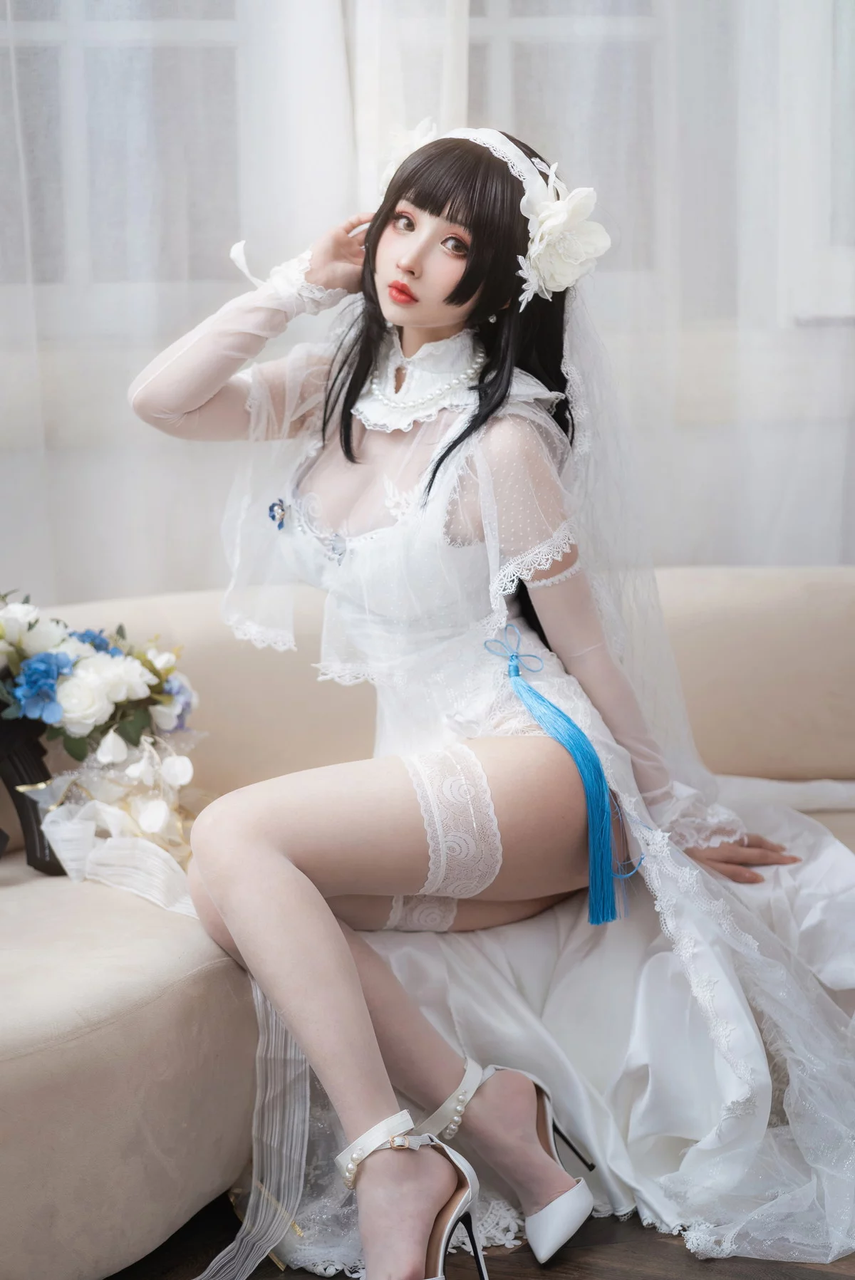 网络美女rioko凉凉子95式花嫁主题性感白色薄透婚纱配蕾丝吊袜迷人诱惑写真25P