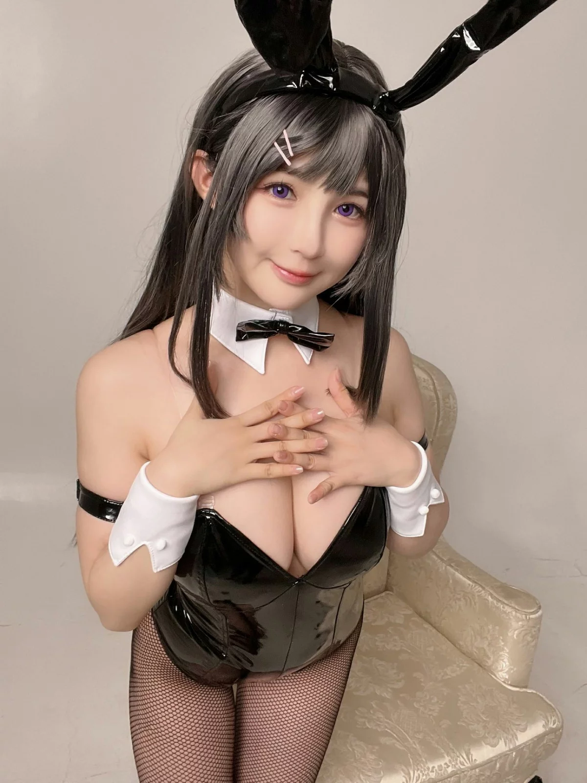 网络美女桜井宁宁麻衣兔女郎主题性感黑色皮质低胸连体衣配黑丝网袜诱惑写真43P
