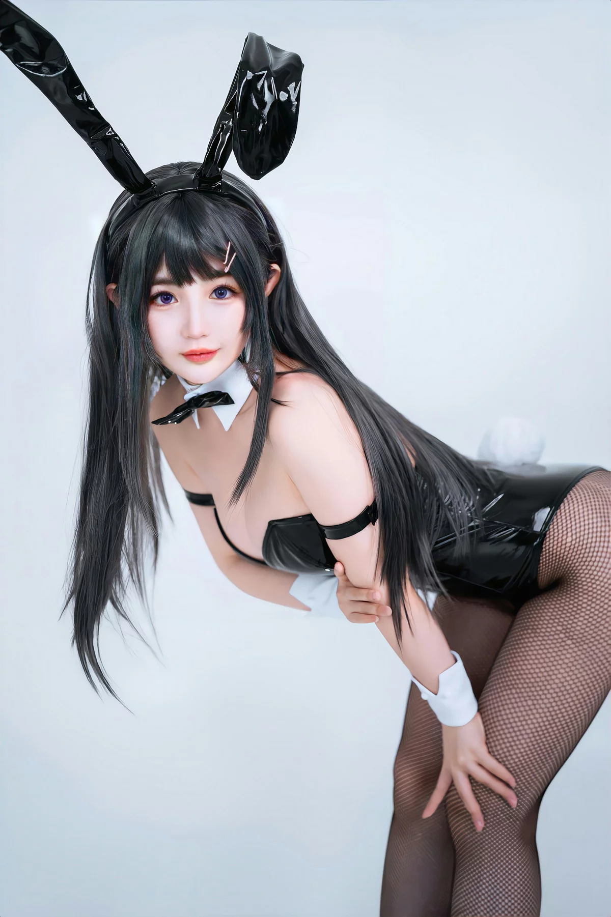 网络美女桜井宁宁麻衣兔女郎主题性感黑色皮质低胸连体衣配黑丝网袜诱惑写真43P