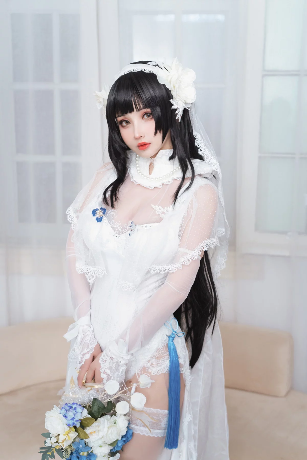 网络美女rioko凉凉子95式花嫁主题性感白色薄透婚纱配蕾丝吊袜迷人诱惑写真25P