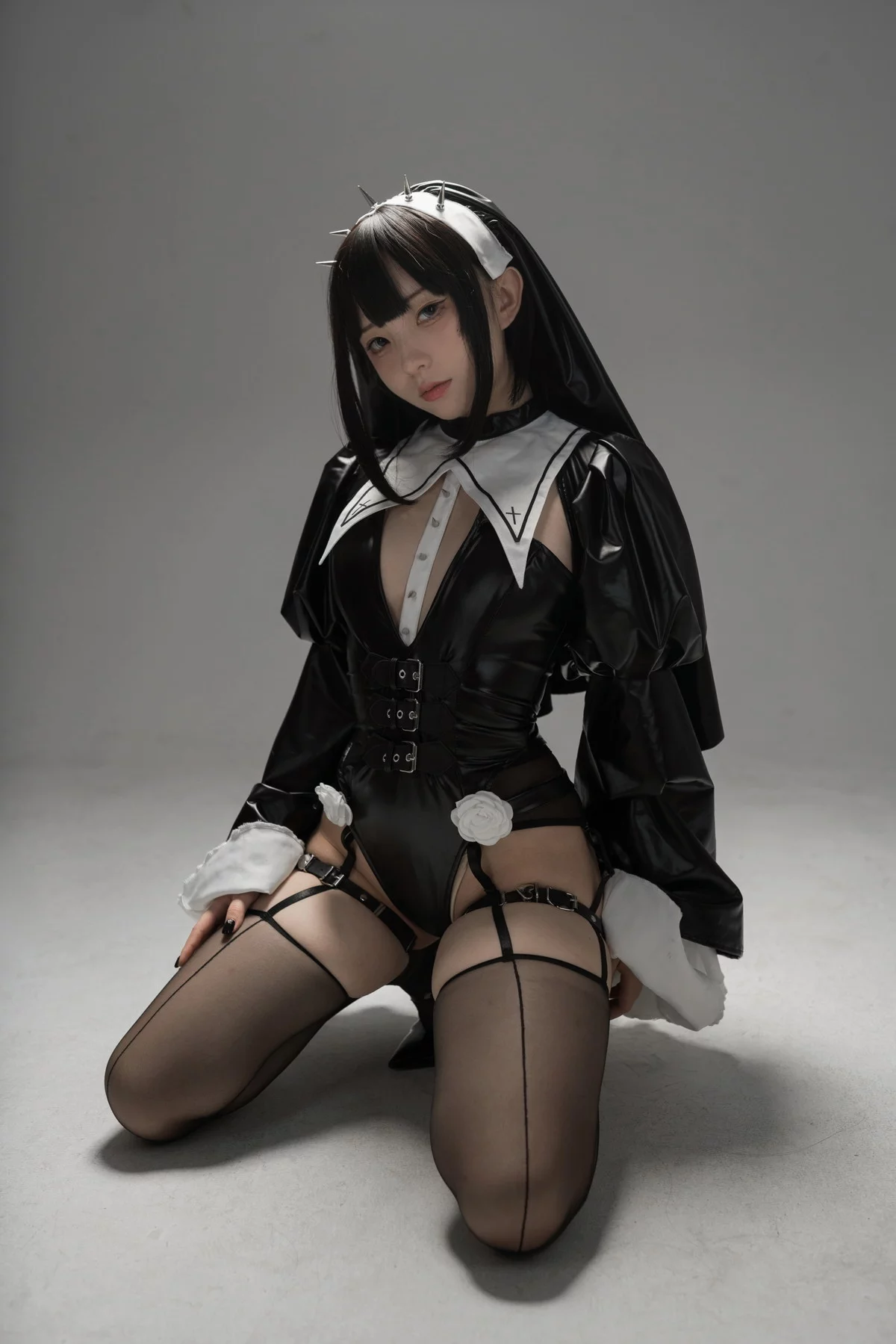 网络美女花铃杀戮修女主题性感黑色皮质修女服饰配黑丝吊袜秀美腿诱惑写真89P