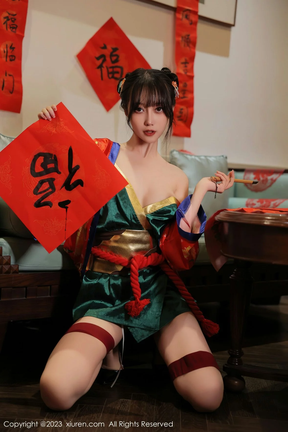 XiuRen第6167期_模特玥儿玥新春主题私房半脱露曼妙身姿对联遮身撩人诱惑写真57P