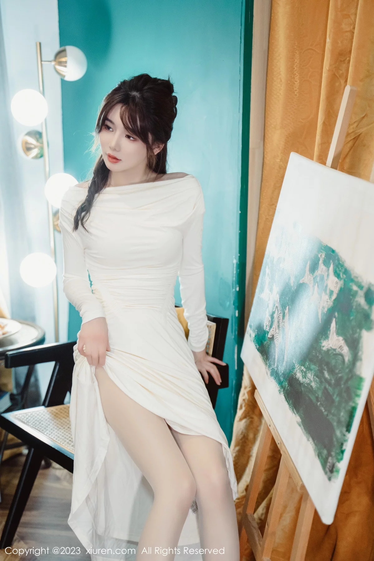 XiuRen第6182期_模特婠婠么脱白色连衣长裙露蕾丝内衣配开档白丝迷人诱惑写真79P