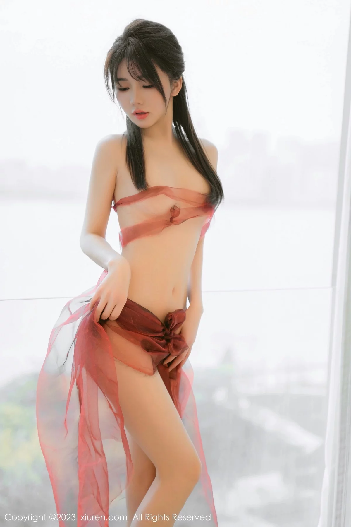 XiuRen第6348期_模特婠婠么私房性感红色轻透薄纱服饰秀绝美身材迷人诱惑写真68P