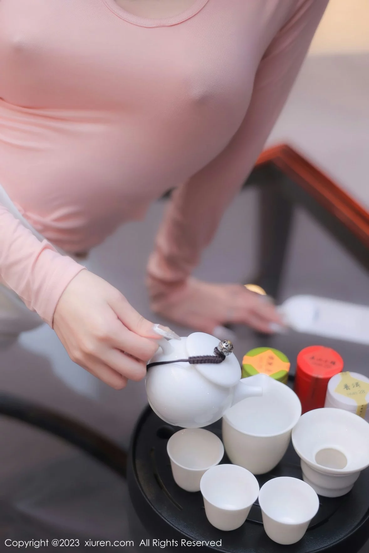 XiuRen第6367期_模特谢小蒽性感粉色上衣配白短裙露超薄无内肉丝撩人诱惑写真91P