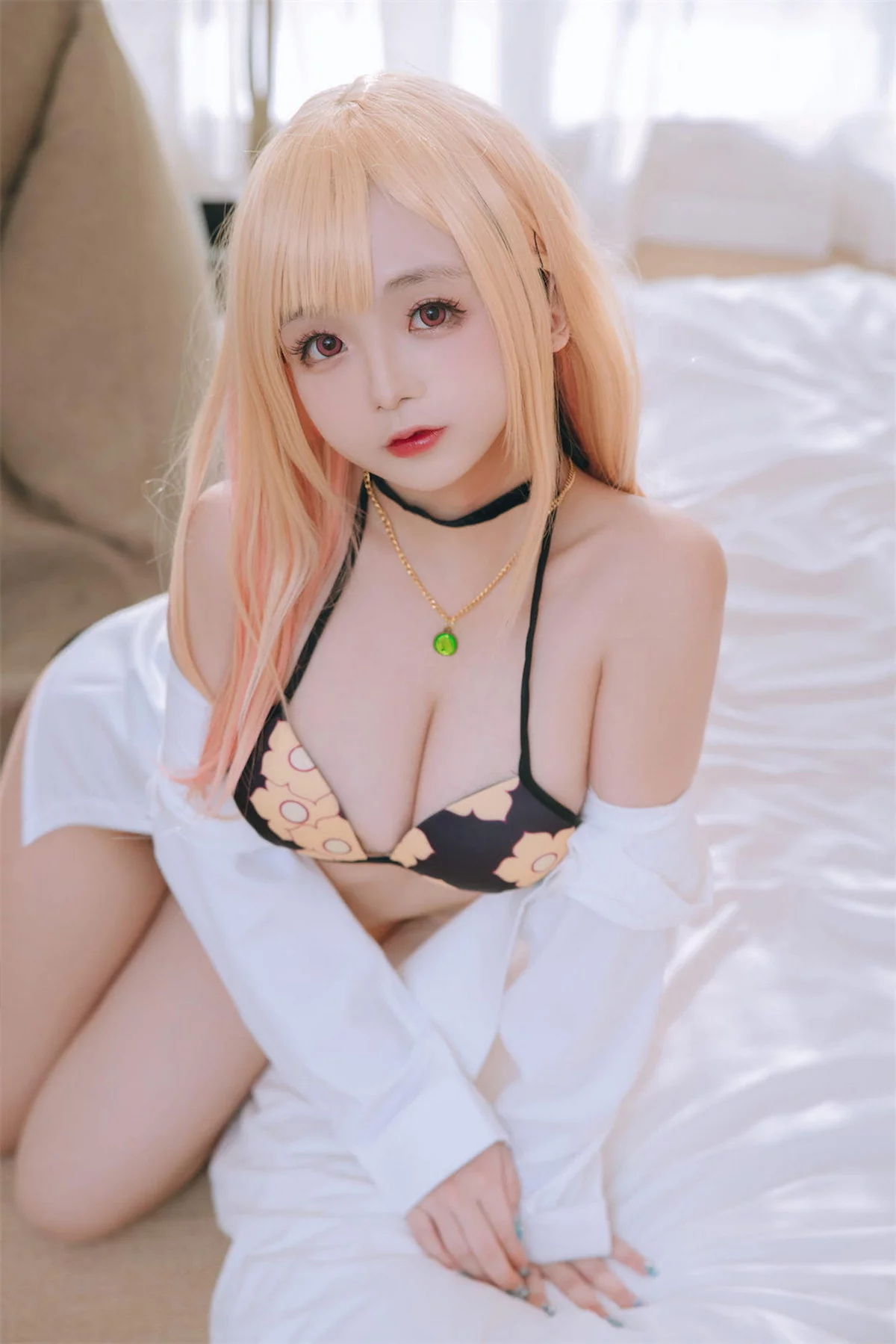 Cosplay美女日奈娇喜多川海梦泳装主题性感白T配格子裙半脱露比基尼诱惑写真65P