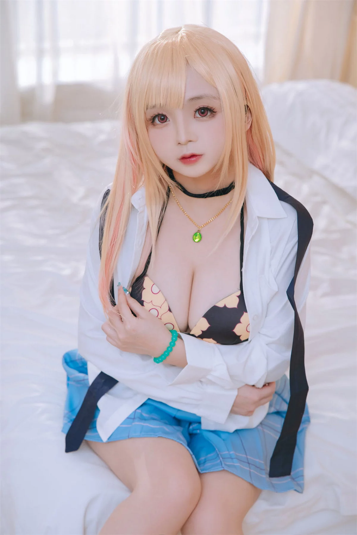 Cosplay美女日奈娇喜多川海梦泳装主题性感白T配格子裙半脱露比基尼诱惑写真65P