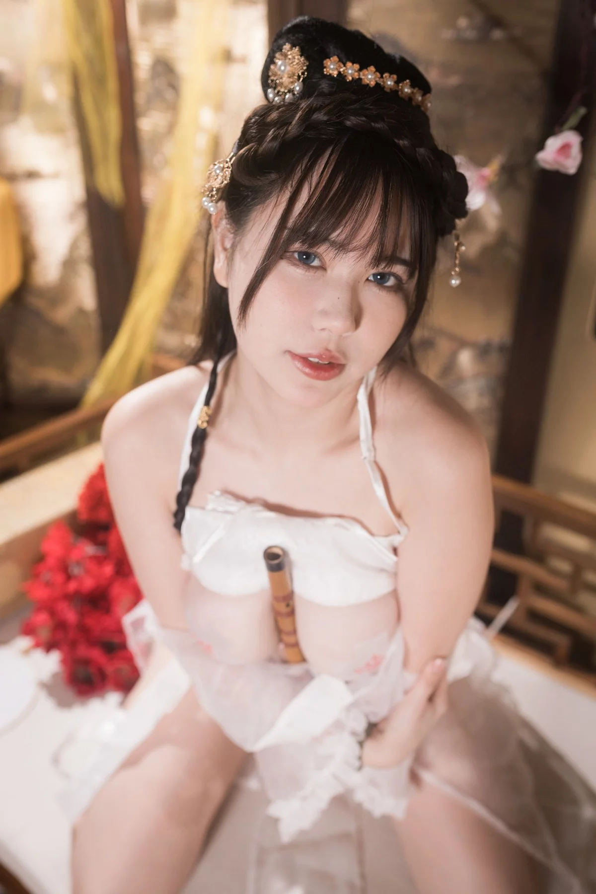 动漫博主Tina很妖孽呀聂小倩主题性感白色薄纱古装服饰露豪乳遮点极致诱惑写真92P