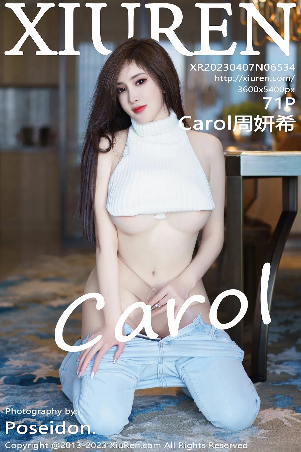 XiuRen第6534期_女神Carol周妍希白色超短衣配牛仔裤露傲人豪乳极致诱惑写真71P