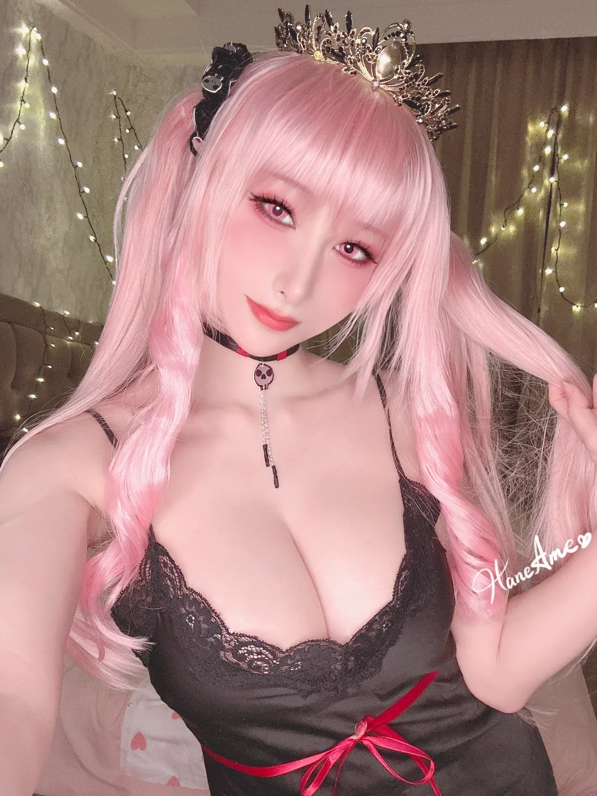 Coser美女雨波_HaneAme死神睡衣主题性感黑色蕾丝吊袜睡衣秀豪乳诱惑写真32P