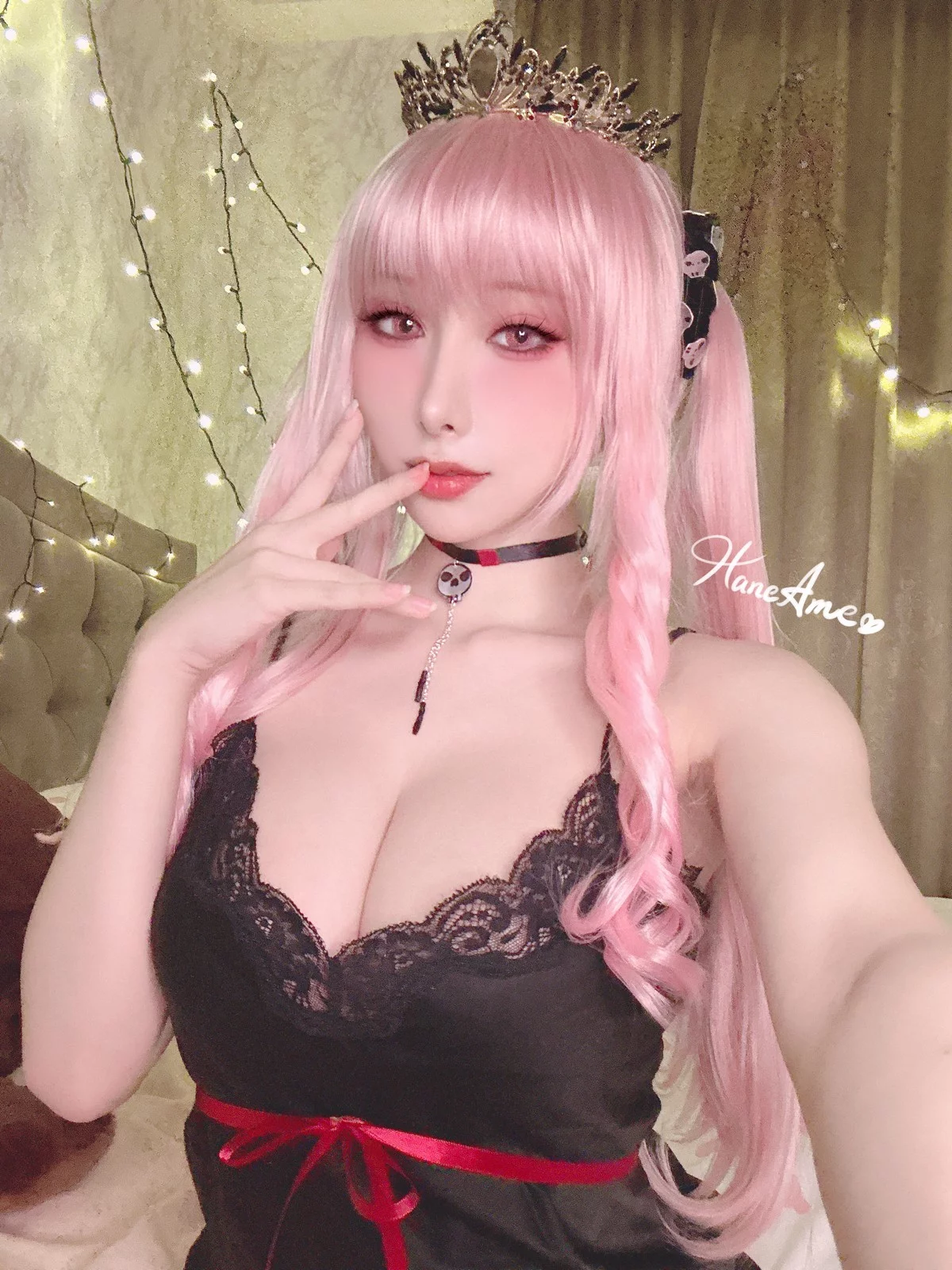 Coser美女雨波_HaneAme死神睡衣主题性感黑色蕾丝吊袜睡衣秀豪乳诱惑写真32P
