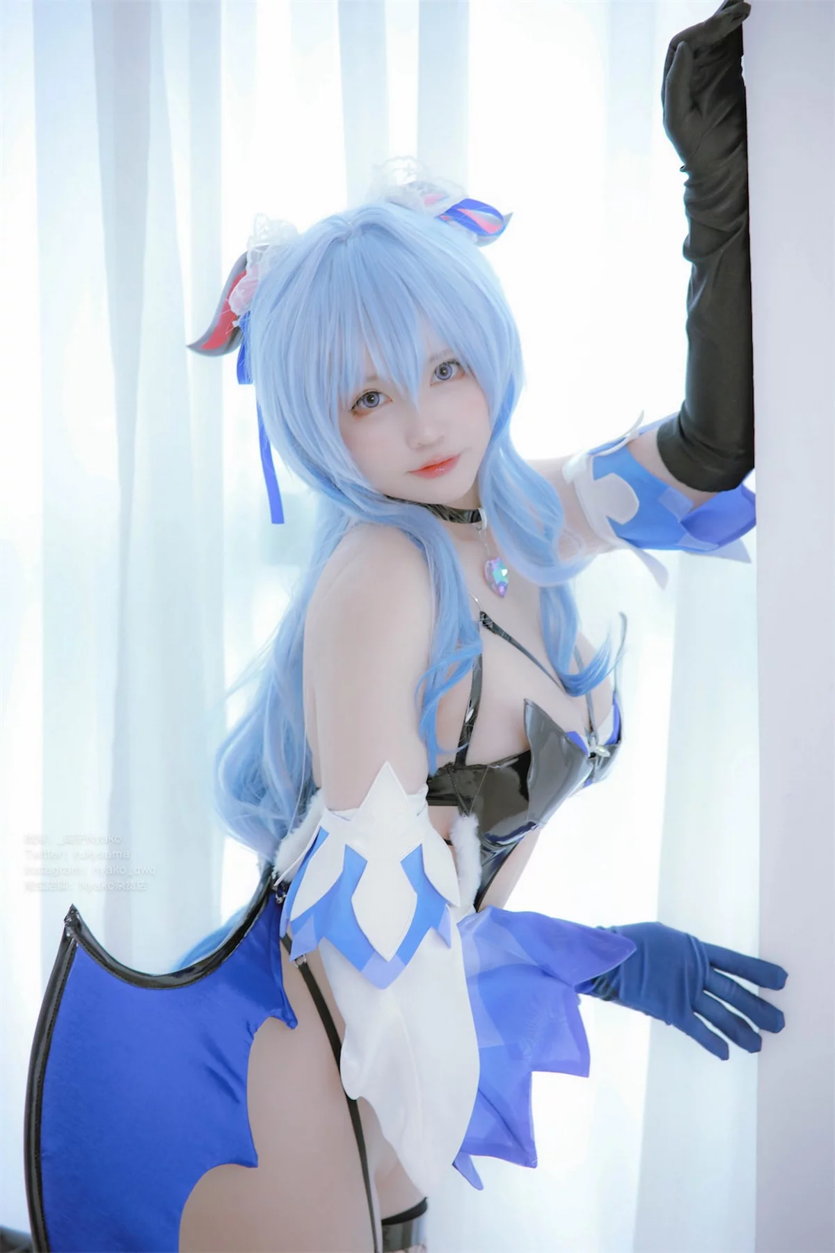 网络美女Nyako喵子原神甘雨魅魔主题性感黑色情趣连体衣配黑丝网袜极致魅惑写真76P